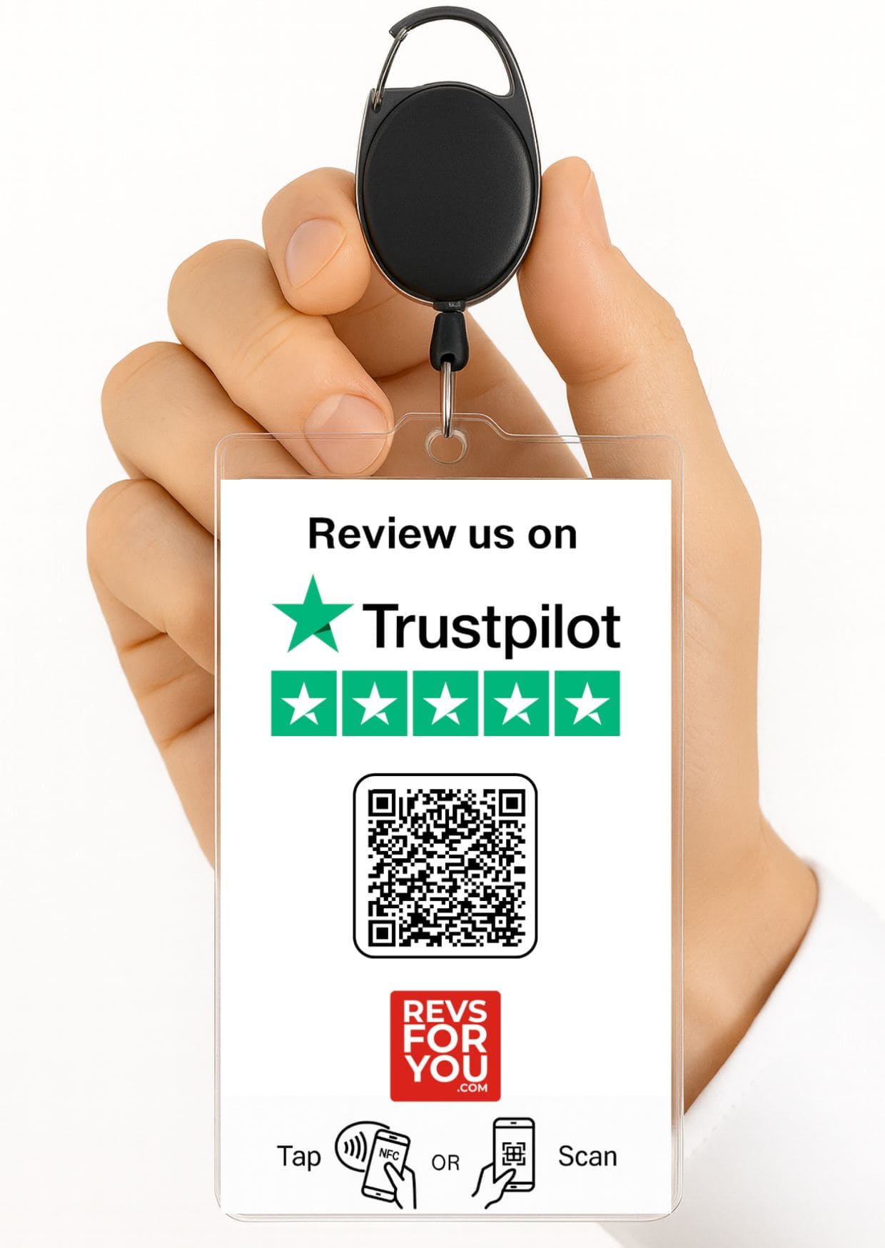 Tarjeta Trustpilot blanca con NFC y QR dinámico de Revs For You para valoraciones verificadas