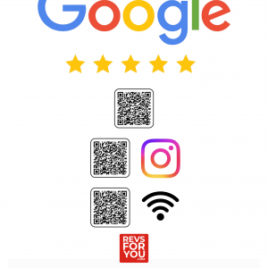 Cartel NFC + QR triple adhesivo inteligente Google + Instagram + WiFi. Estadísticas de escaneos, configuración personalizable y Plan Insights desde 4,95 €/mes.
