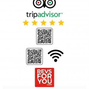 Cartel NFC + QR doble adhesivo inteligente TripAdvisor + WiFi. Estadísticas de escaneos, configuración personalizable y Plan Insights desde 4,95 €/mes.