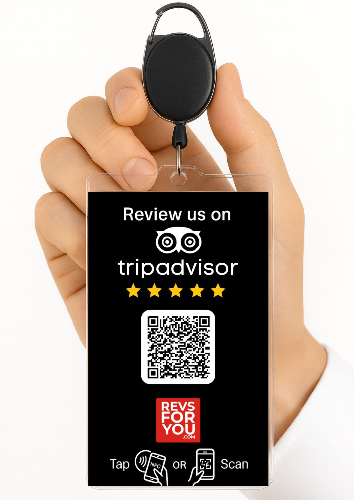 Tarjeta TripAdvisor negra con chip NFC y código QR dinámico de Revs For You