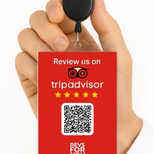 Tarjeta NFC + QR TripAdvisor Roja. Estadísticas de escaneos, configuración personalizable y Plan Insights desde 4,95 €/mes.