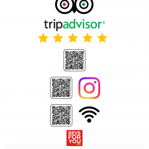 Cartel NFC + QR triple adhesivo inteligente TripAdvisor + Instagram + WiFi. Estadísticas de escaneos, configuración personalizable y Plan Insights desde 4,95 €/mes.