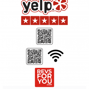 Cartel NFC + QR doble adhesivo inteligente Yelp + WiFi. Estadísticas de escaneos, configuración personalizable y Plan Insights desde 4,95 €/mes.