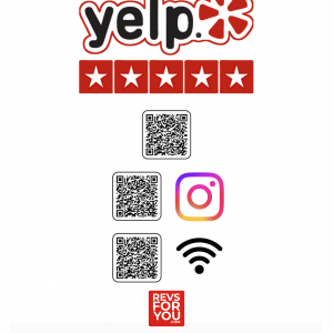 Cartel NFC + QR triple adhesivo inteligente Yelp + Instagram + WiFi. Estadísticas de escaneos, configuración personalizable y Plan Insights desde 4,95 €/mes.