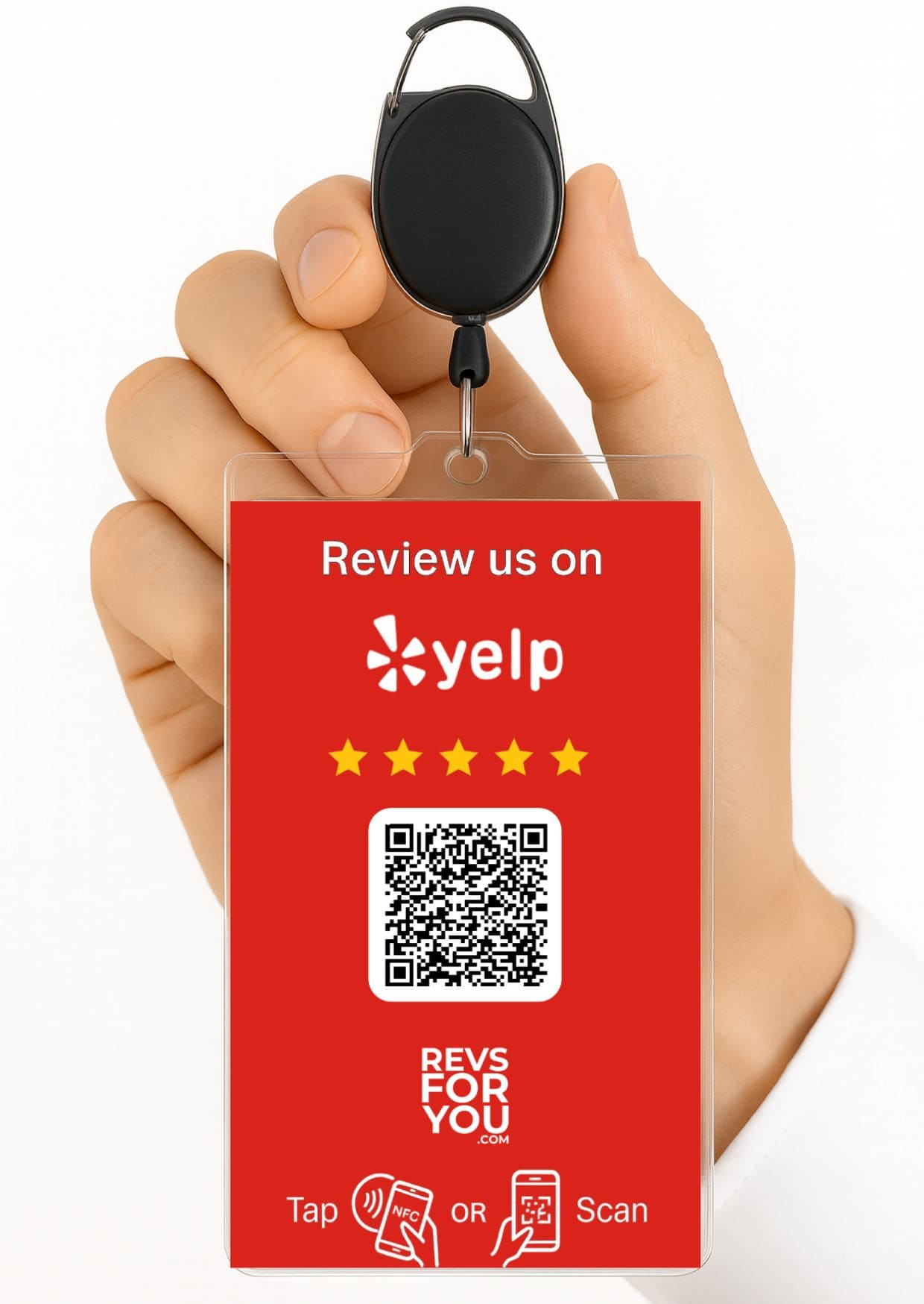 Tarjeta Yelp roja con NFC y QR dinámico de Revs For You para captar reseñas