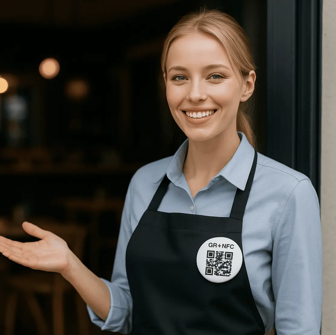 Cafetería utilizando soluciones NFC QR de Revs For You para captar reseñas
