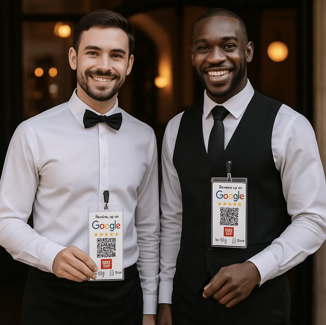 Equipo de hostelería utilizando tecnología NFC QR para reputación online multisede Revs For You