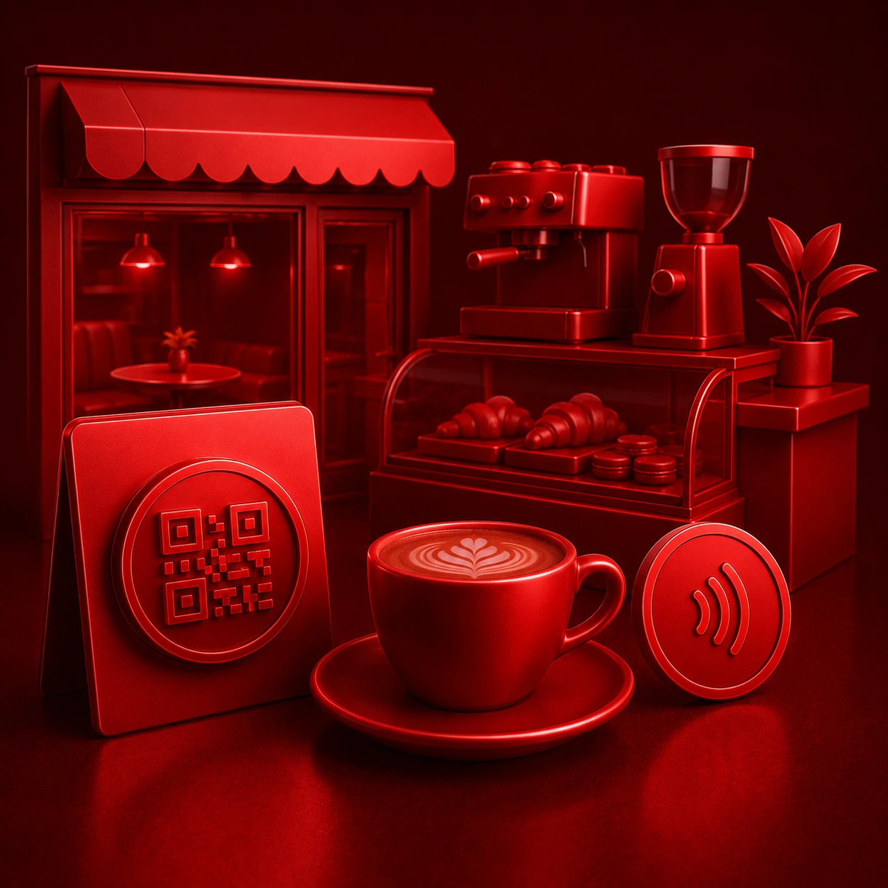 Cafetería con QR y NFC en mostrador y mesas