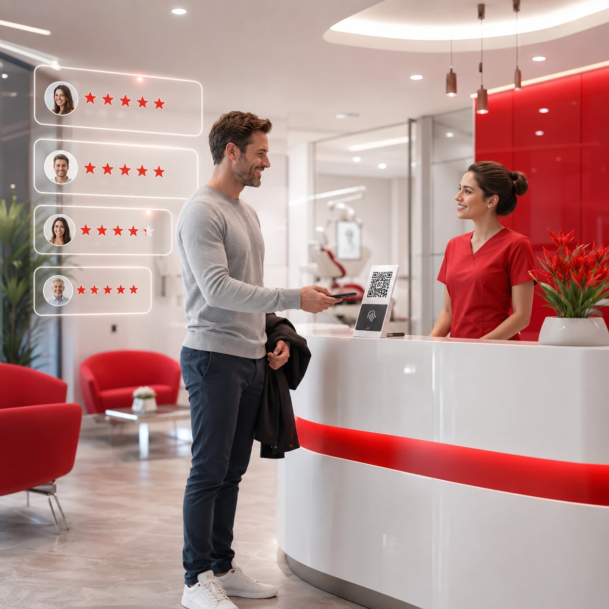 Clínica dental con NFC QR en recepción para captar testimonios reales