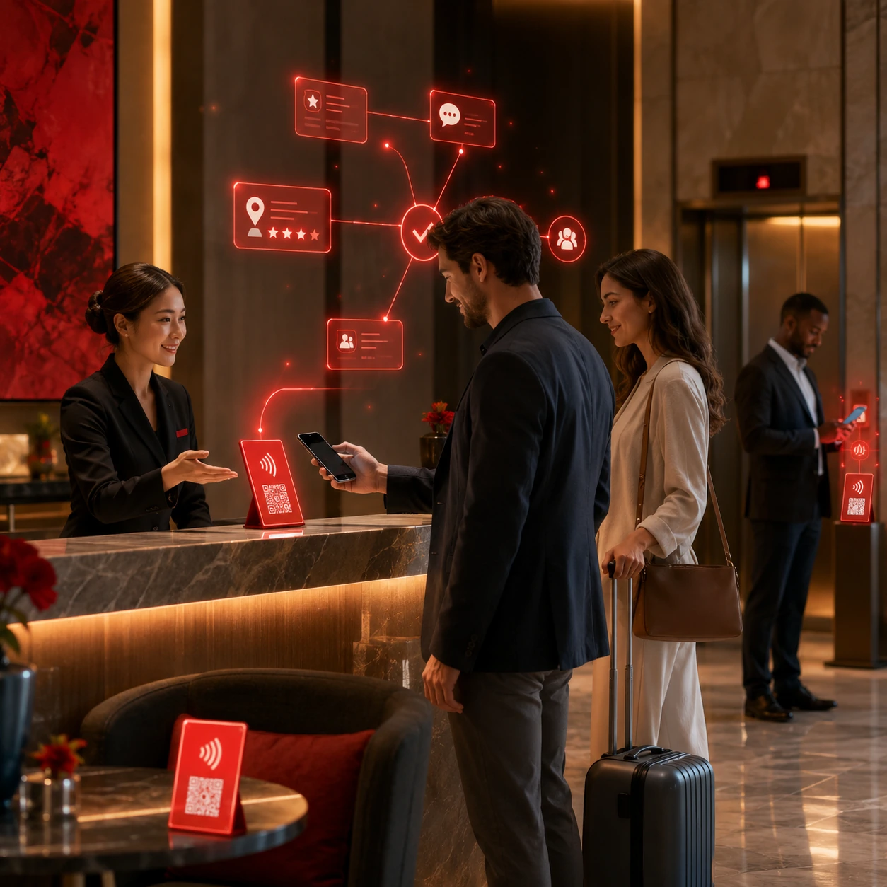 Hotel con soportes NFC QR en recepción para mejorar reputación
