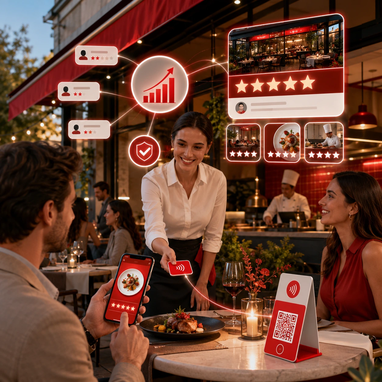 Restaurante usando NFC QR para subir puntuación y captar reseñas