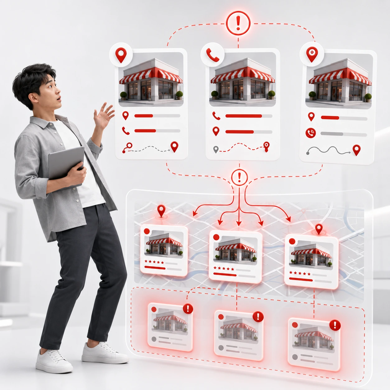 Presencia digital local desordenada con datos confusos